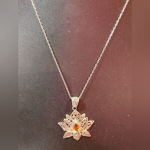 Vintage 925 Silver Italy Lotus Pendant With Gem Stone Necklace